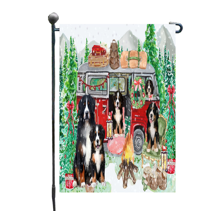 Christmas Time Camping with Bernese Mountain Dogs Garden Flags- Outdoor Double Sided Garden Yard Porch Lawn Spring Decorative Vertical Home Flags 12 1/2"w x 18"h