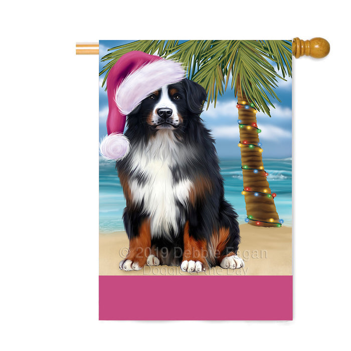Personalized Summertime Happy Holidays Christmas Bernese Mountain Dog on Tropical Island Beach Custom House Flag FLG-DOTD-A60465