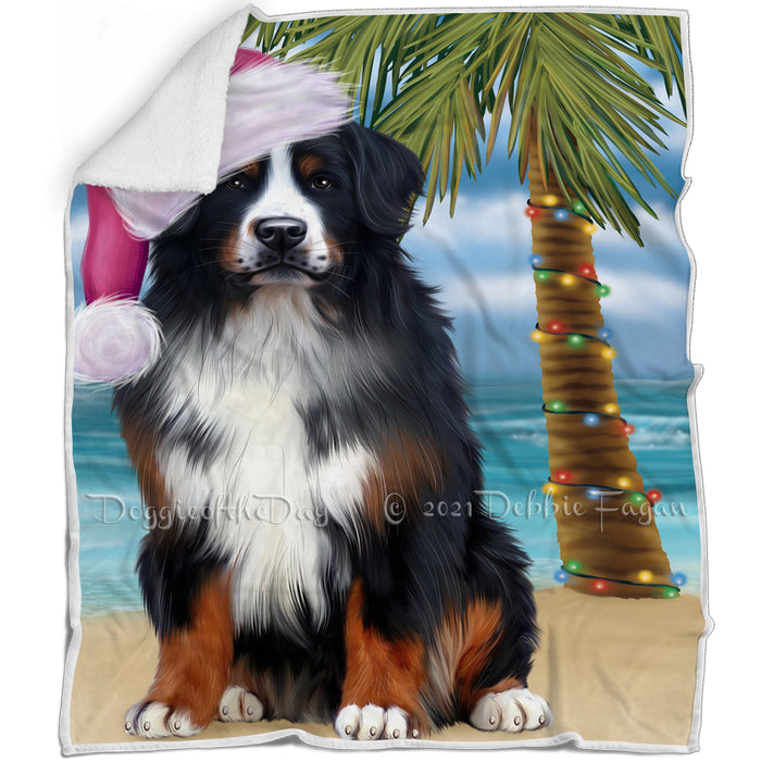 Summertime Happy Holidays Christmas Bernese Mountain Dog on Tropical Island Beach Blanket D111