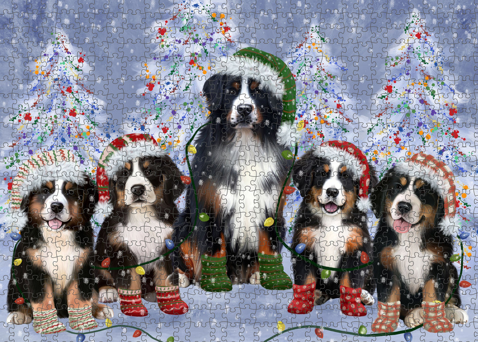 Christmas Lights and Bernese Mountain Dogs Portrait Jigsaw Puzzle for Adults Animal Interlocking Puzzle Game Unique Gift for Dog Lover's with Metal Tin Box