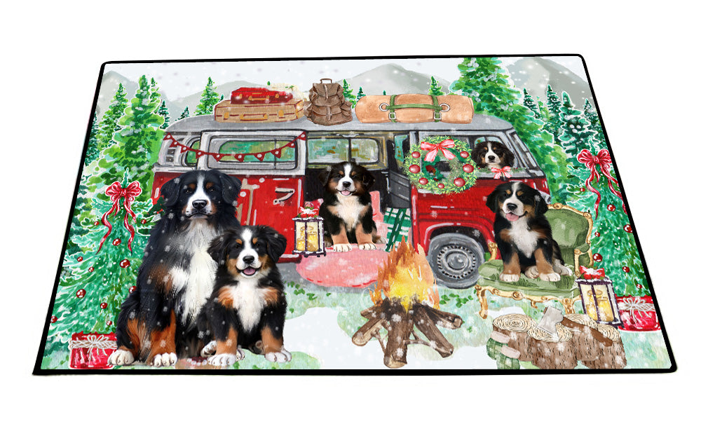 Christmas Time Camping with Bernese Mountain Dogs Floor Mat- Anti-Slip Pet Door Mat Indoor Outdoor Front Rug Mats for Home Outside Entrance Pets Portrait Unique Rug Washable Premium Quality Mat