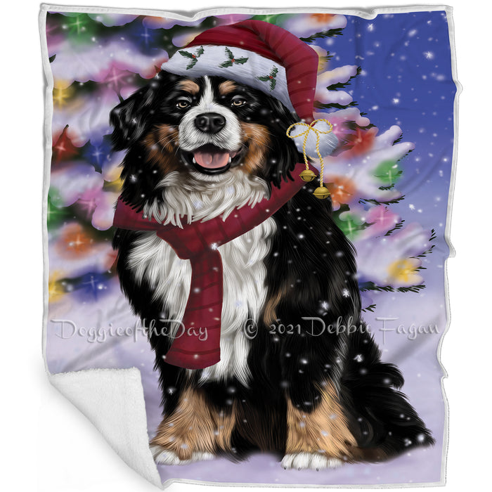Winterland Wonderland Bernese Mountain Dog In Christmas Holiday Scenic Background Blanket