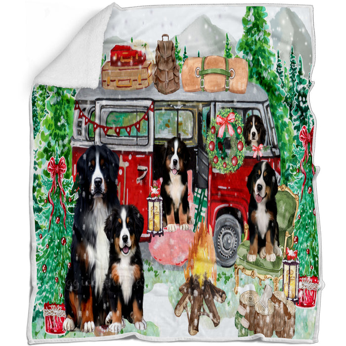 Christmas Time Camping with Bernese Mountain Dogs Blanket - Lightweight Soft Cozy and Durable Bed Blanket - Animal Theme Fuzzy Blanket for Sofa Couch