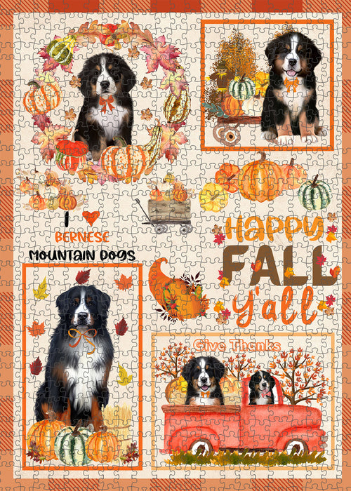 Happy Fall Y'all Pumpkin Bernese Mountain Dogs Portrait Jigsaw Puzzle for Adults Animal Interlocking Puzzle Game Unique Gift for Dog Lover's with Metal Tin Box