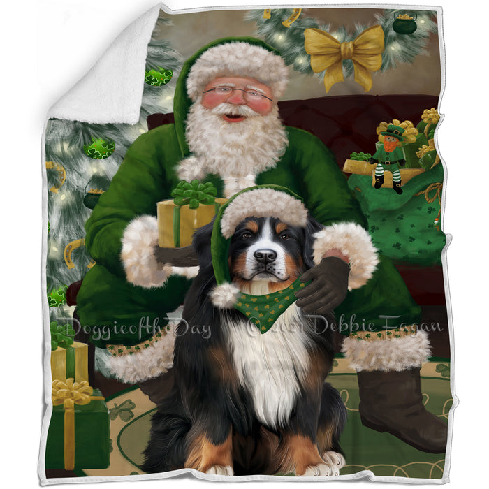 Christmas Irish Santa with Gift and Bernese Mountain Dog Blanket BLNKT141228