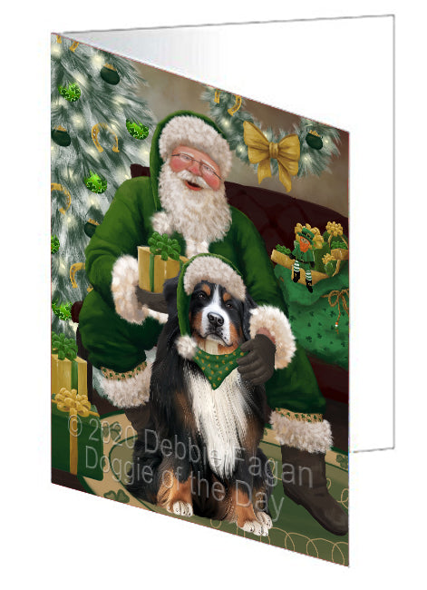 Christmas Irish Santa with Gift and Bernese Mountain Dog Handmade Artwork Assorted Pets Greeting Cards and Note Cards with Envelopes for All Occasions and Holiday Seasons GCD75782