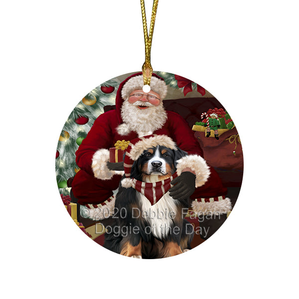Santa's Christmas Surprise Bernese Mountain Dog Round Flat Christmas Ornament RFPOR58002
