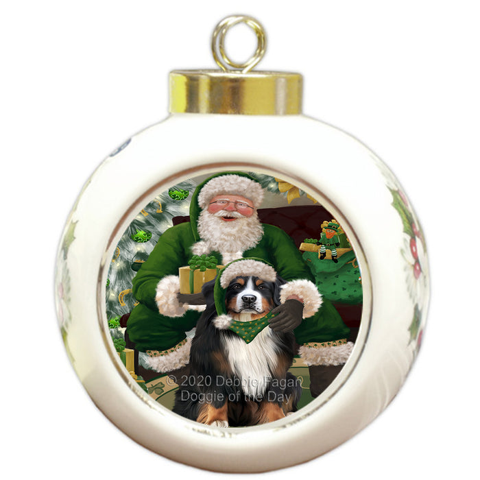 Christmas Irish Santa with Gift and Bernese Mountain Dog Round Ball Christmas Ornament RBPOR57904
