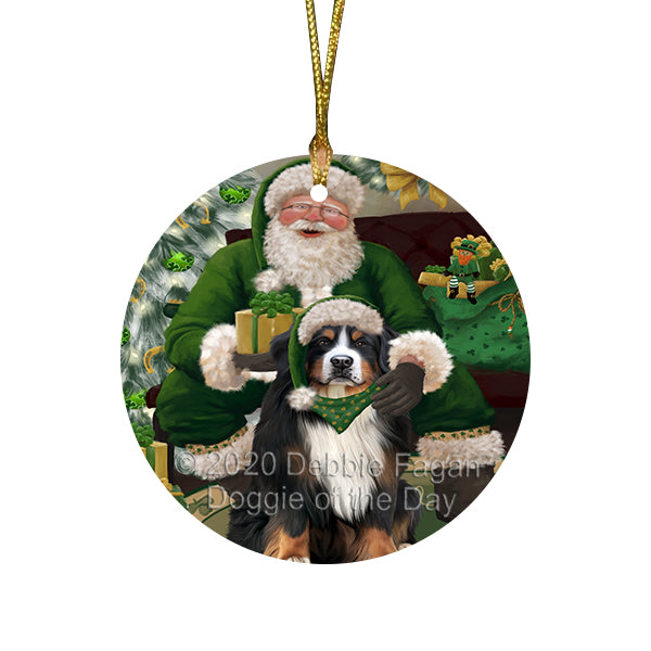Christmas Irish Santa with Gift and Bernese Mountain Dog Round Flat Christmas Ornament RFPOR57904