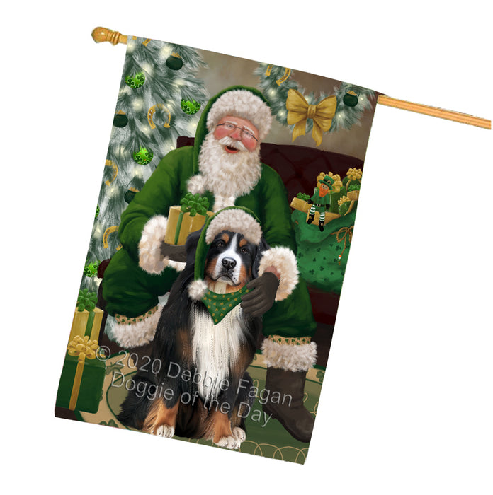 Christmas Irish Santa with Gift and Bernese Mountain Dog House Flag FLG66676