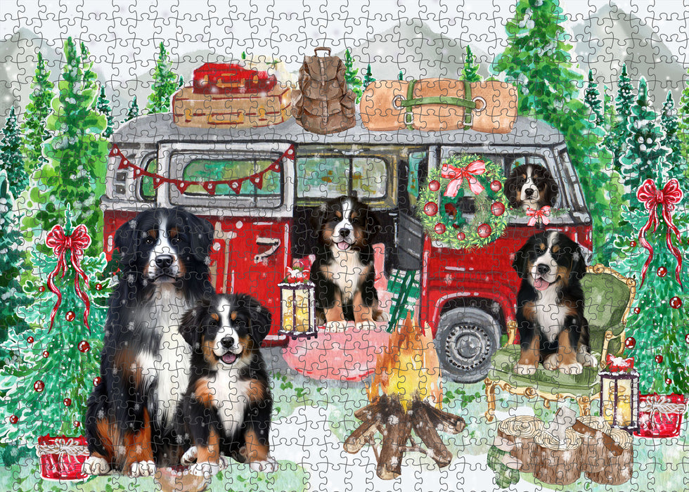 Christmas Time Camping with Bernese Mountain Dogs Portrait Jigsaw Puzzle for Adults Animal Interlocking Puzzle Game Unique Gift for Dog Lover's with Metal Tin Box