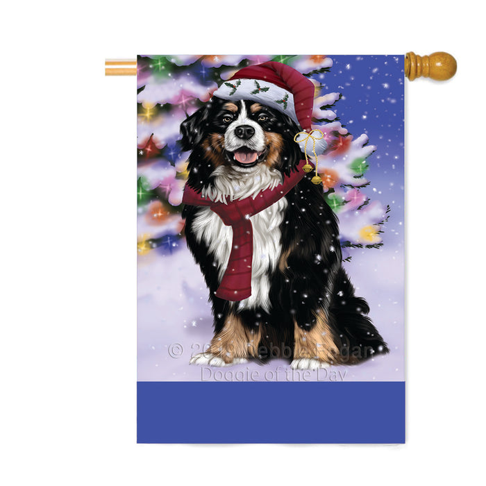Personalized Winterland Wonderland Bernese Mountain Dog In Christmas Holiday Scenic Background Custom House Flag FLG-DOTD-A61293
