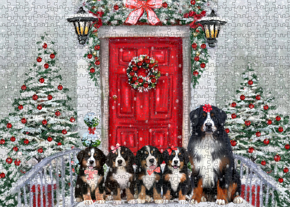 Christmas Holiday Welcome Bernese Mountain Dogs Portrait Jigsaw Puzzle for Adults Animal Interlocking Puzzle Game Unique Gift for Dog Lover's with Metal Tin Box
