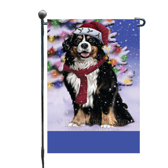 Personalized Winterland Wonderland Bernese Mountain Dog In Christmas Holiday Scenic Background Custom Garden Flags GFLG-DOTD-A61237