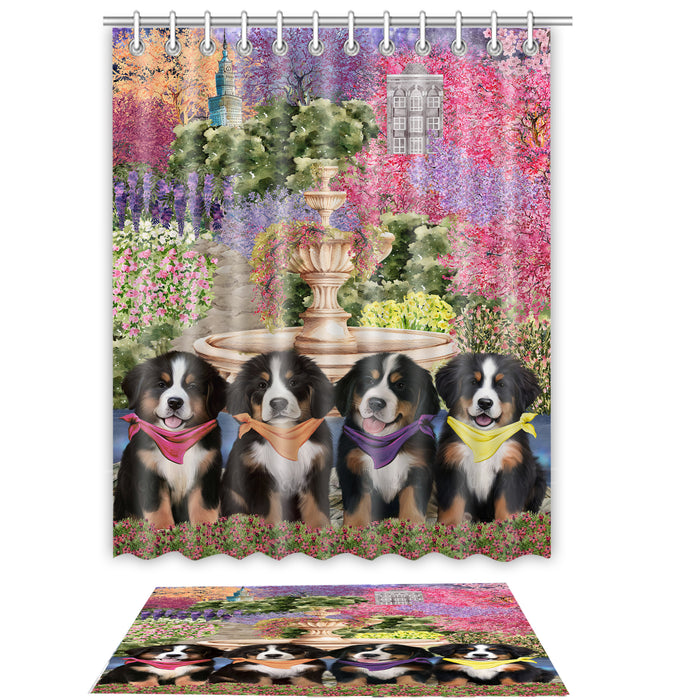 Bernese Mountain Shower Curtain & Bath Mat Set, Custom, Explore a Variety of Designs, Personalized, Curtains with hooks and Rug Bathroom Decor, Halloween Gift for Dog Lovers