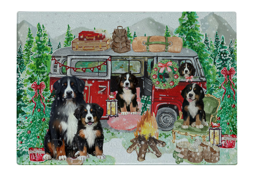 Christmas Time Camping with Bernese Mountain Dogs Cutting Board - For Kitchen - Scratch & Stain Resistant - Designed To Stay In Place - Easy To Clean By Hand - Perfect for Chopping Meats, Vegetables