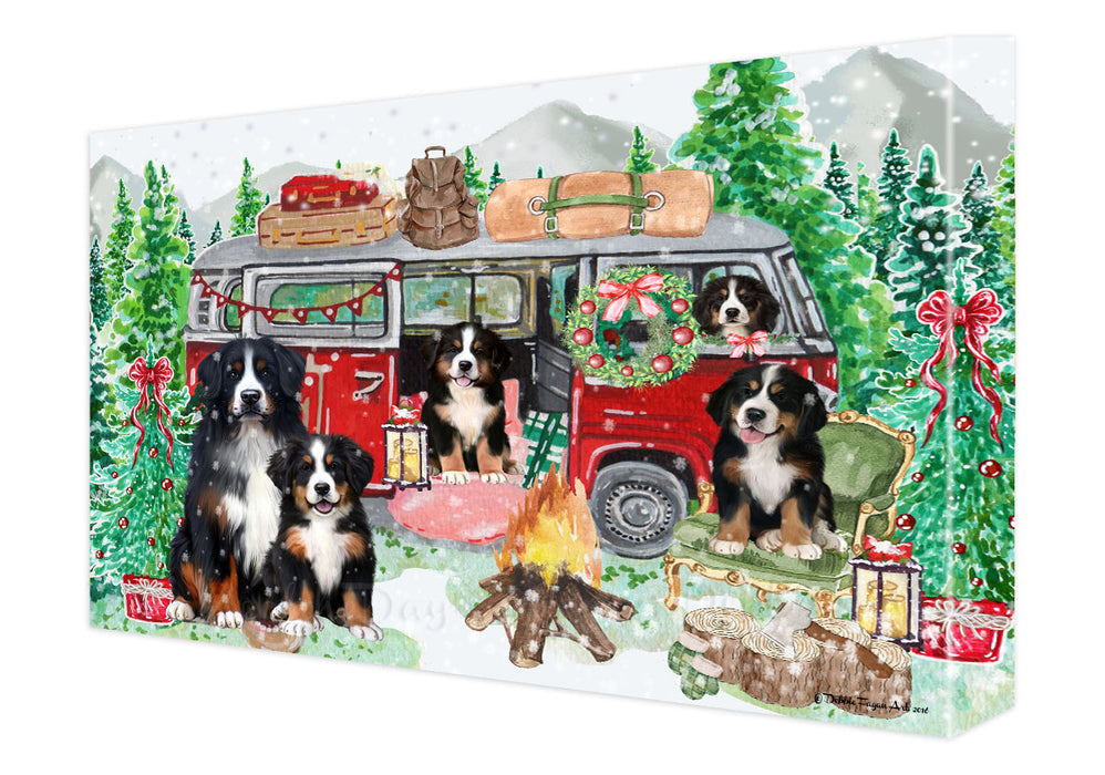 Christmas Time Camping with Bernese Mountain Dogs Canvas Wall Art - Premium Quality Ready to Hang Room Decor Wall Art Canvas - Unique Animal Printed Digital Painting for Decoration
