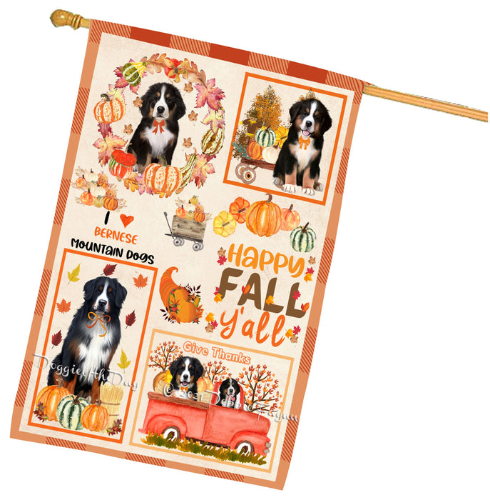 Happy Fall Y'all Pumpkin Bernese Mountain Dogs House Flag Outdoor Decorative Double Sided Pet Portrait Weather Resistant Premium Quality Animal Printed Home Decorative Flags 100% Polyester