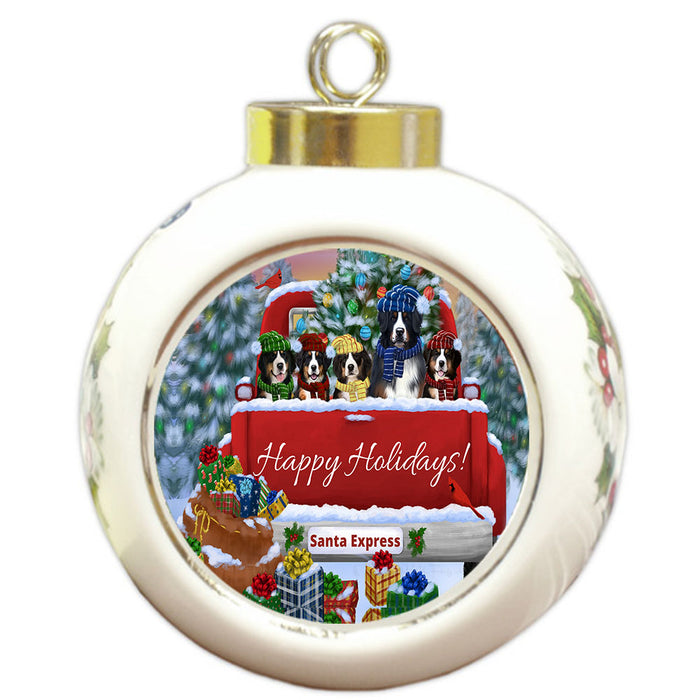 Christmas Red Truck Travlin Home for the Holidays Bernese Mountain Dogs Round Ball Christmas Ornament Pet Decorative Hanging Ornaments for Christmas X-mas Tree Decorations - 3" Round Ceramic Ornament