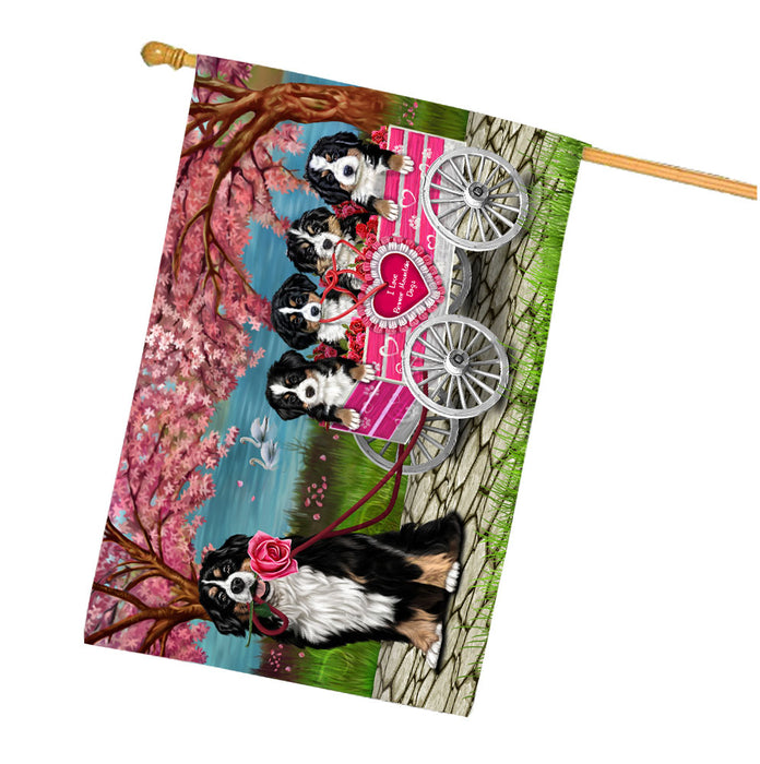 I Love Bernese Mountain Dogs in a Cart House Flag Outdoor Decorative Double Sided Pet Portrait Weather Resistant Premium Quality Animal Printed Home Decorative Flags 100% Polyester
