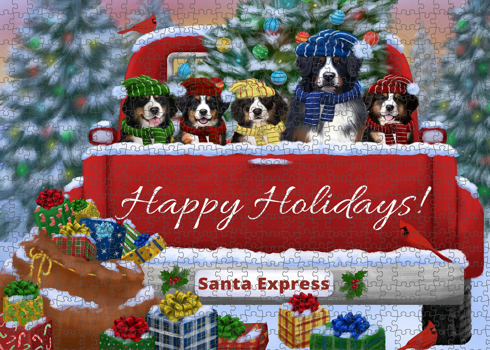Christmas Red Truck Travlin Home for the Holidays Bernese Mountain Dogs Portrait Jigsaw Puzzle for Adults Animal Interlocking Puzzle Game Unique Gift for Dog Lover's with Metal Tin Box