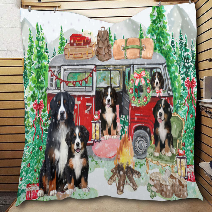 Christmas Time Camping with Bernese Mountain Dogs  Quilt Bed Coverlet Bedspread - Pets Comforter Unique One-side Animal Printing - Soft Lightweight Durable Washable Polyester Quilt