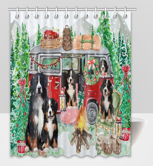 Christmas Time Camping with Bernese Mountain Dogs Shower Curtain Pet Painting Bathtub Curtain Waterproof Polyester One-Side Printing Decor Bath Tub Curtain for Bathroom with Hooks