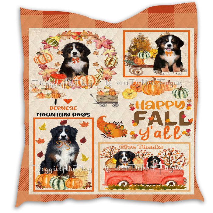 Happy Fall Y'all Pumpkin Bernese Mountain Dogs Quilt Bed Coverlet Bedspread - Pets Comforter Unique One-side Animal Printing - Soft Lightweight Durable Washable Polyester Quilt