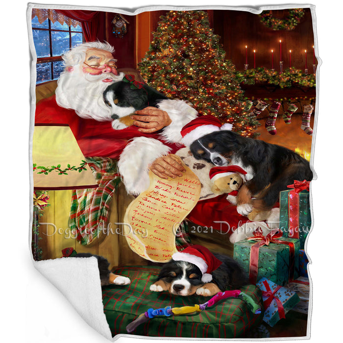 Bernese Mountain Dog and Puppies Sleeping with Santa Blanket