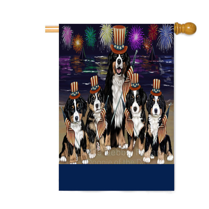 Personalized 4th of July Firework Bernese Mountain Dogs Custom House Flag FLG-DOTD-A57840