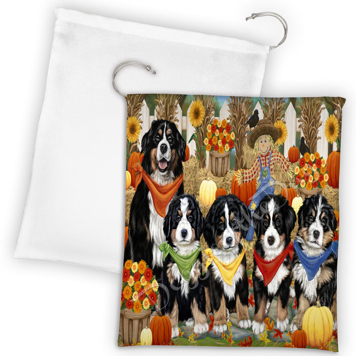 Fall Festive Harvest Time Gathering Bernese Mountain Dogs Drawstring Laundry or Gift Bag LGB48377