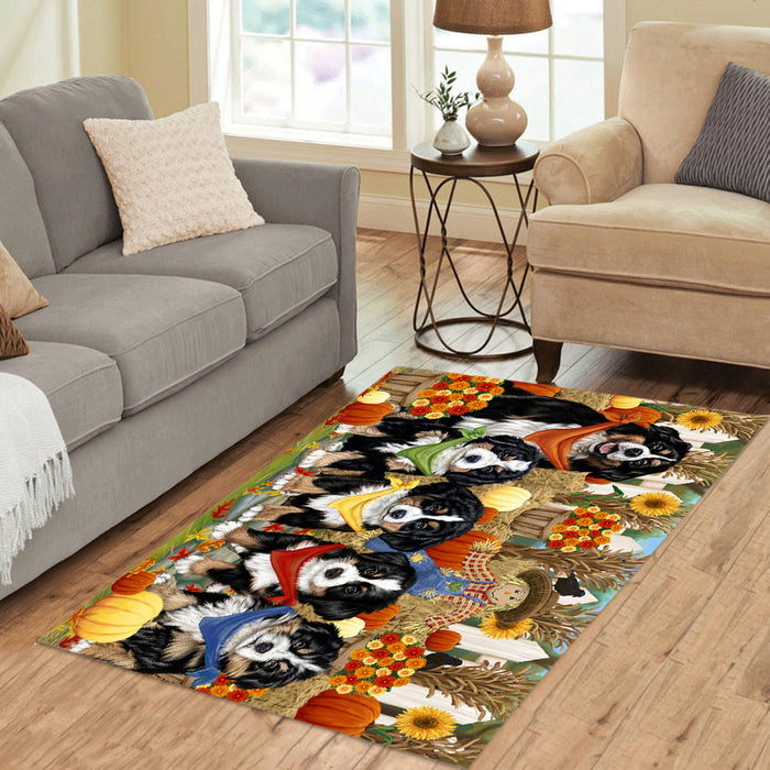 Fall Festive Harvest Time Gathering Bernese Mountain Dogs Area Rug