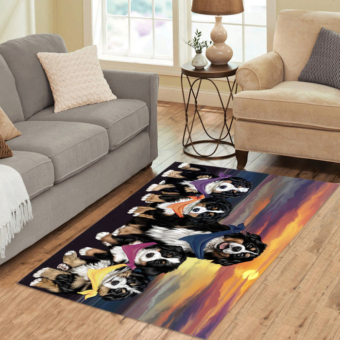 Family Sunset Portrait Bernese Mountain Dogs Area Rug