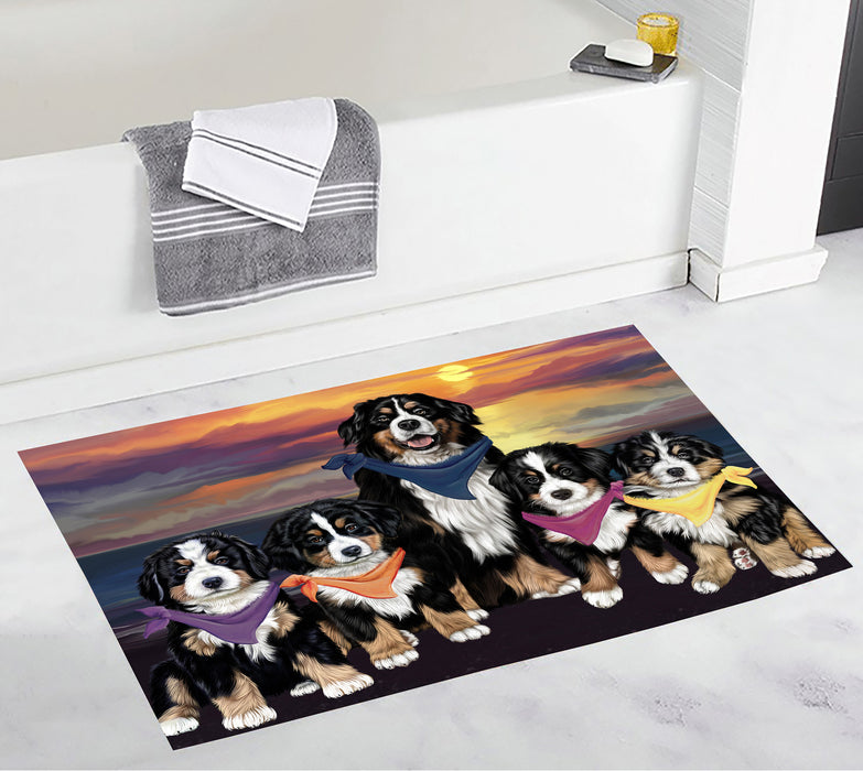 Family Sunset Portrait Bernese Mountain Dogs Bath Mat
