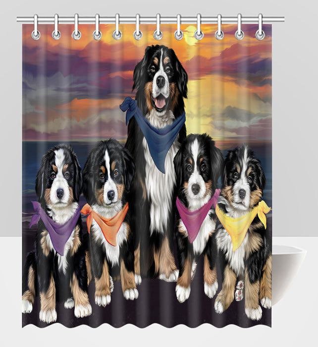 Family Sunset Portrait Bernese Mountain Dogs Shower Curtain