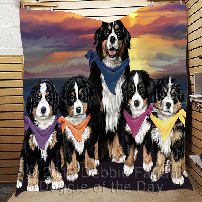 Family Sunset Portrait Bernese Mountain Dogs Quilt