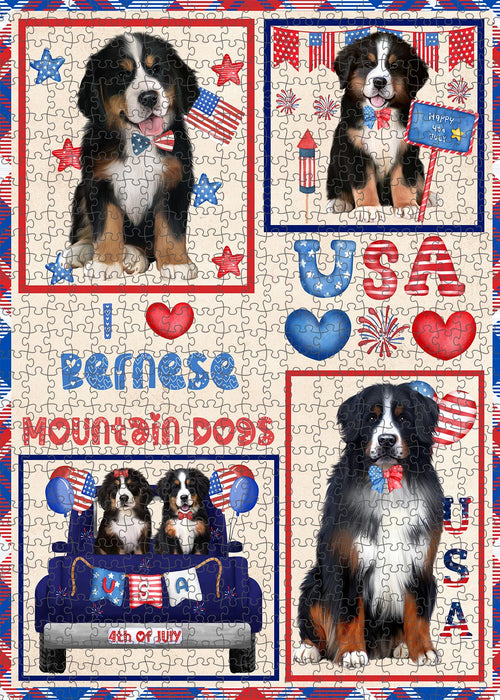 4th of July Independence Day I Love USA Bernese Mountain Dogs Portrait Jigsaw Puzzle for Adults Animal Interlocking Puzzle Game Unique Gift for Dog Lover's with Metal Tin Box
