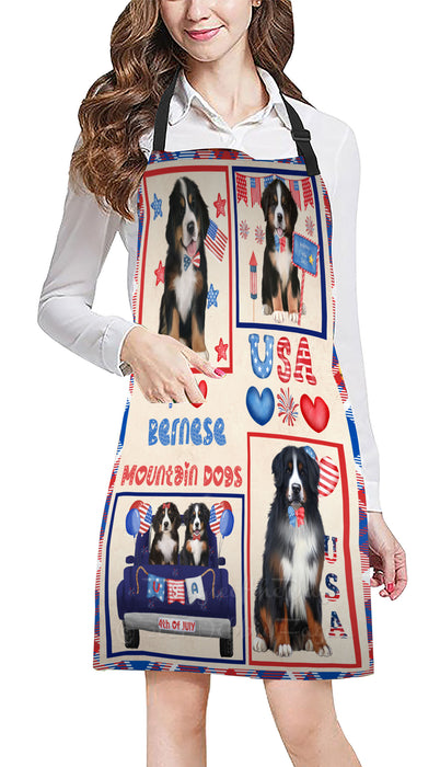 4th of July Independence Day I Love USA Bernese Mountain Dogs Apron - Adjustable Long Neck Bib for Adults - Waterproof Polyester Fabric With 2 Pockets - Chef Apron for Cooking, Dish Washing, Gardening, and Pet Grooming