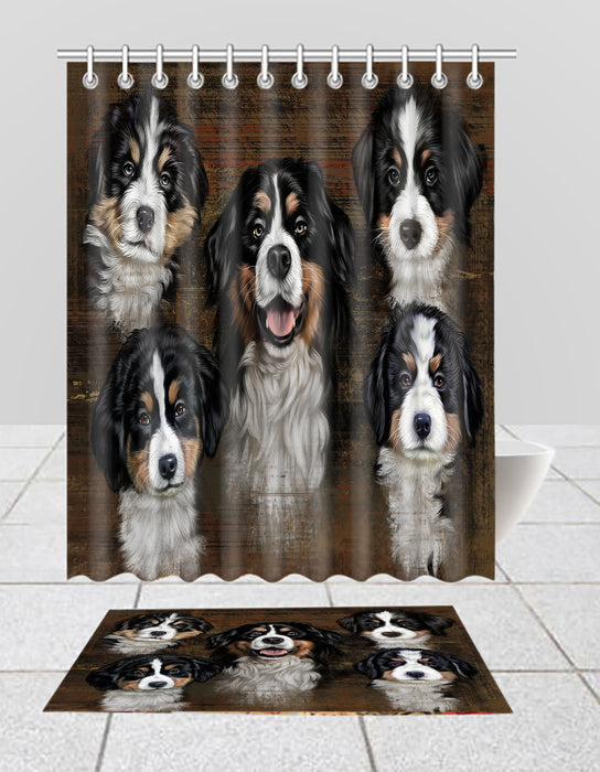 Rustic Bernese Mountain Dogs  Bath Mat and Shower Curtain Combo