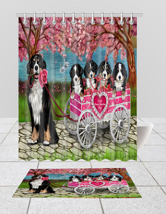 I Love Bernese Mountain Dogs in a Cart Bath Mat and Shower Curtain Combo