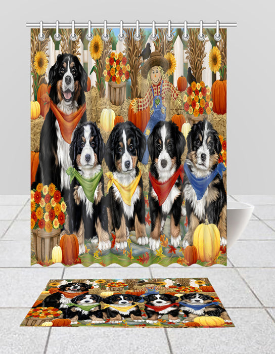 Fall Festive Harvest Time Gathering Bernese Mountain Dogs Bath Mat and Shower Curtain Combo