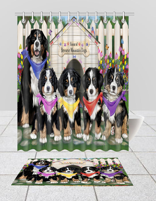 Spring Dog House Bernese Mountain Dogs Bath Mat and Shower Curtain Combo