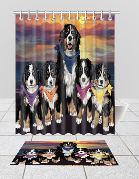 Family Sunset Portrait Bernese Mountain Dogs Bath Mat and Shower Curtain Combo