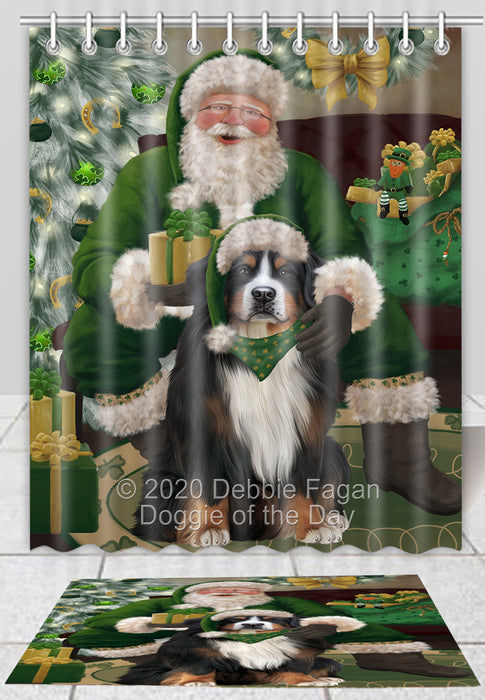 Christmas Irish Santa with Gift Bernese Mountain Dog Bath Mat and Shower Curtain Combo