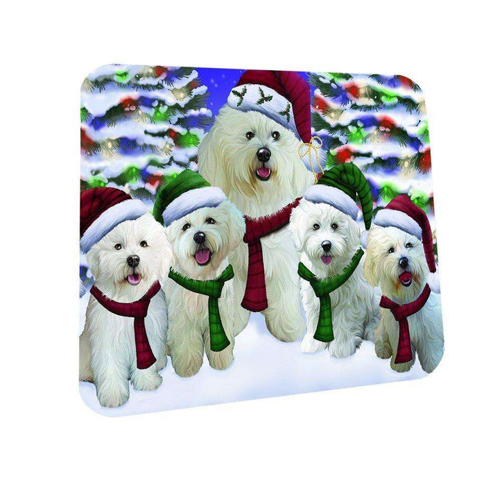 Bichon Dog Christmas Family Portrait in Holiday Scenic Background Coasters Set of 4