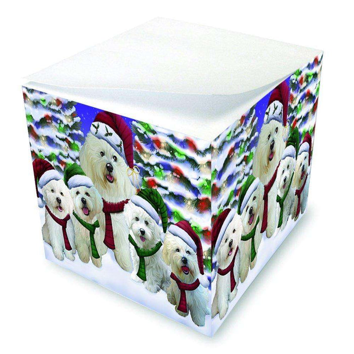 Bichon Dog Christmas Family Portrait in Holiday Scenic Background Note Cube D153