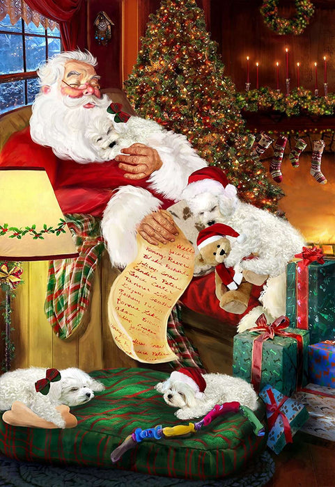 Bichon Frise Dog and Puppies Sleeping with Santa Canvas Gallery Wrap 1.5" Inch