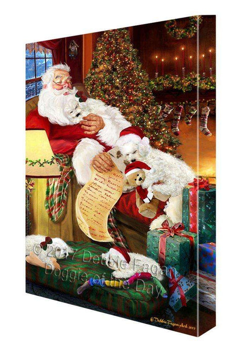 Bichon Frise Dog and Puppies Sleeping with Santa Canvas Wall Art