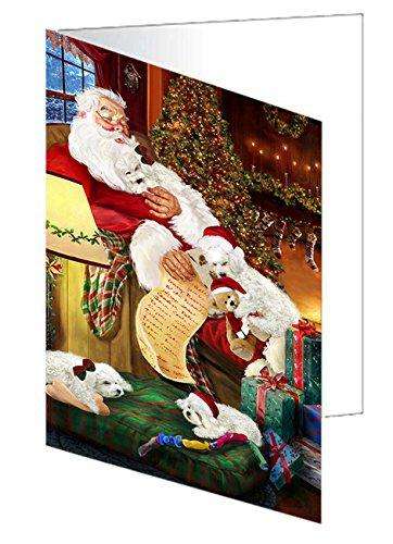 Bichon Frise Dog and Puppies Sleeping with Santa Handmade Artwork Assorted Pets Greeting Cards and Note Cards with Envelopes for All Occasions and Holiday Seasons