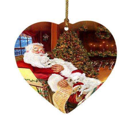 Bichon Frise Dog and Puppies Sleeping with Santa Heart Christmas Ornament D401